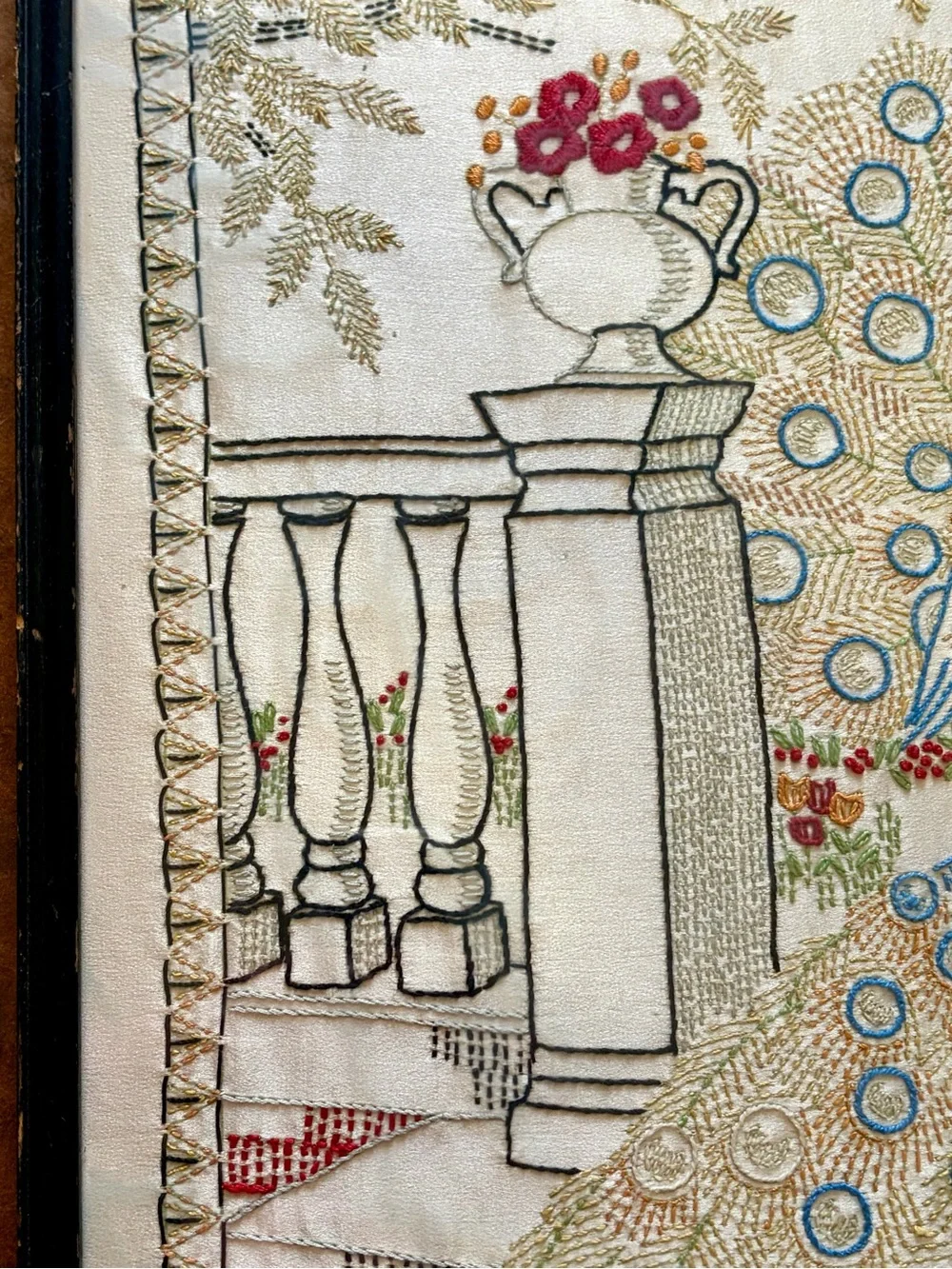 Vintage- Framed w/ Glass Embroidered Peacocks and florals
